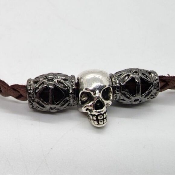 Handcrafted Necklace with Skull Pendant on Brown Braided Leather cord. - Picture 5 of 6
